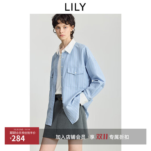 LILY2025 new winter women's clothing retro contrasting vertical stripes temperament versatile loose commuting long-sleeved shirt jacket 401 blue S
