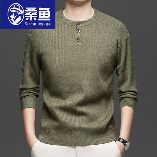 Sanyu Henry collar T-shirt men's long-sleeved spring and autumn new jacquard inner layering shirt three-button round neck men's sweater wool T khaki S 165/80A