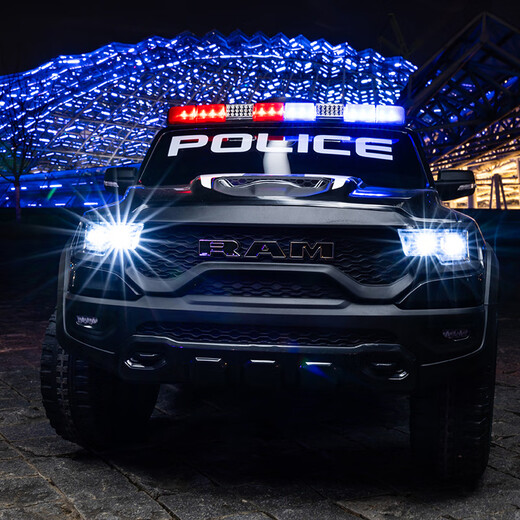 Tyrannosaurus children's electric car, police car, four-wheel drive off-road car, children's toy electric bicycle, can sit on people, low configuration, dual-drive plastic wheels, no remote control, electric drive