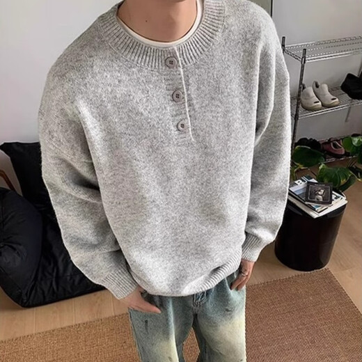 Miao Yijia Sweater Men's Winter Thickened Men's Sweater Knitwear Boys Teenagers Sweater Warm Inner Layer High-end Henley Neck Sweater Sweater Gray L Recommended 110-130Jin Jin equals 0.5 kg