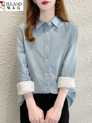 Woodpecker velvet shirt for women 2026 autumn and winter new casual fashion thickened warm and cotton inner with integrated velvet bottoming top blue M