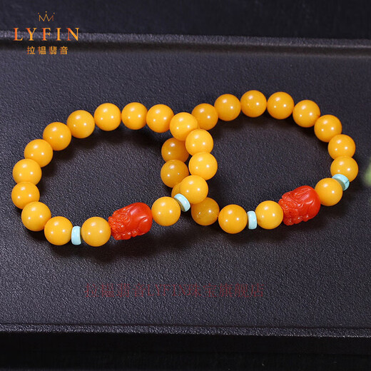La Yun Feiyin Beeswax Single Circle Bracelet Chicken Fat Yellow Baoshan Southern Red Agate Lucky Pixiu Bracelet Fashionable Men and Women's Bracelet Pixiu Style (approximately 8mm) (One item, one certificate)