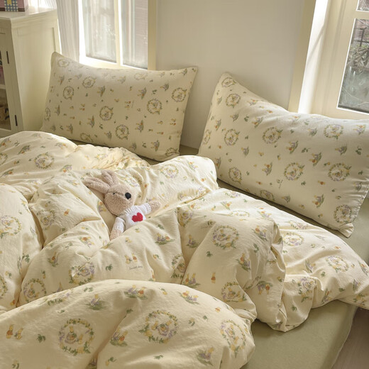 Pure cotton four-piece set of pure cotton bedding 2025 new fresh floral quilt cover dormitory bed sheet three-piece set for four seasons Rabbit's Joy 1.8m bed quilt cover 180*220 bed sheet 230*230 pillowcase 2