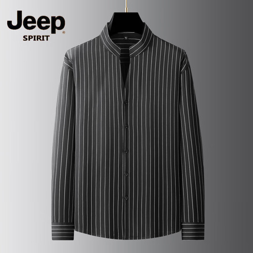 JEEP SPIRIT 2025 Spring and Autumn New Stand Collar Vertical Striped Shirt Men's Long Sleeve Business Casual Plus Fat Plus Size Henry Collar Shirt Black L