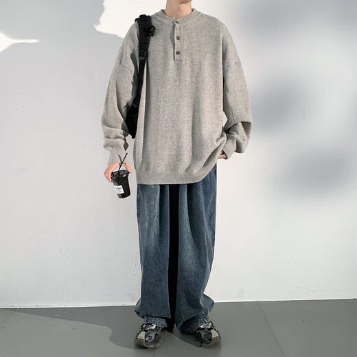 Dingfengbaoluo solid color casual sweater men's autumn retro comfortable versatile pullover sweater JUC09 light gray 4XL