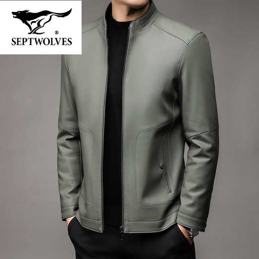 SEPTWOLVES stand collar leather jacket for men middle-aged dad autumn and winter new leather jacket men's business casual plus fleece leather jacket black thin 2XL 185 (suitable for weight 150-165)