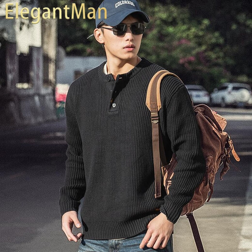 ElegantMan Henry Collar Sweater Men's Winter Heavyweight American Retro Thickened Warm Men's Loose Knitwear Autumn and Winter Black S _Suitable for 90-119Jin Jin is equal to 0.5 kg