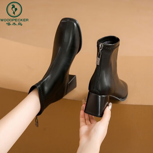 Woodpecker French soft leather short boots ankle boots thick heel Martin boots square toe plus velvet short tube 2025 new autumn and winter slim boots for women beige single lining 37