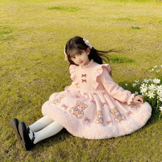 Kafanli (KafanIi) girls 2025 autumn and winter new velvet cute dress baby Lolita sweet fluffy birthday princess dress A05 pink bear velvet thickened sweet and cute 110