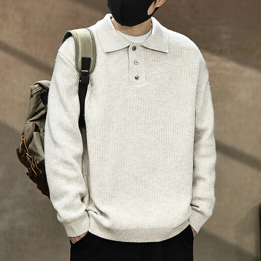 Gu Xiansen American button lapel sweater for men in autumn and winter new POLO Henry collar bottoming shirt thickened knitted sweater for men Khaki L 130-145Jin Jin is equal to 0.5 kg