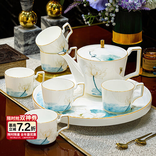 NINE CRANES Jingdezhen cup set 2024 new home light luxury bone china tea cup gift set tea set rotating tray high-end bone china water set 8-piece gift box
