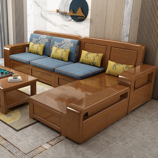 Muyouting solid wood sofa for winter and summer use solid wood modern Chinese style small apartment living room with storage rural wood sofa combination 1+2+3+coffee table+2 square tables+TV cabinet