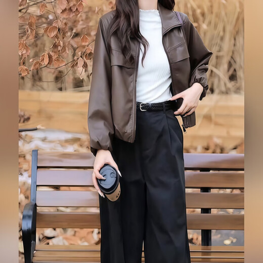 Fabric Story Luofen Flagship Store Women's Clothing 2025 New Style High-end Temperament Casual Versatile Trendy Leather Jacket Autumn Brown Jacket M