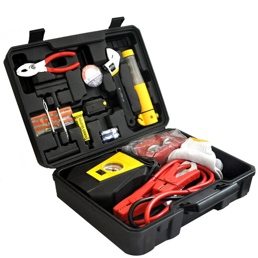 Clooney car tool box, emergency rescue kit, 16-piece standard air pump, tire repair tool, tow rope, etc.