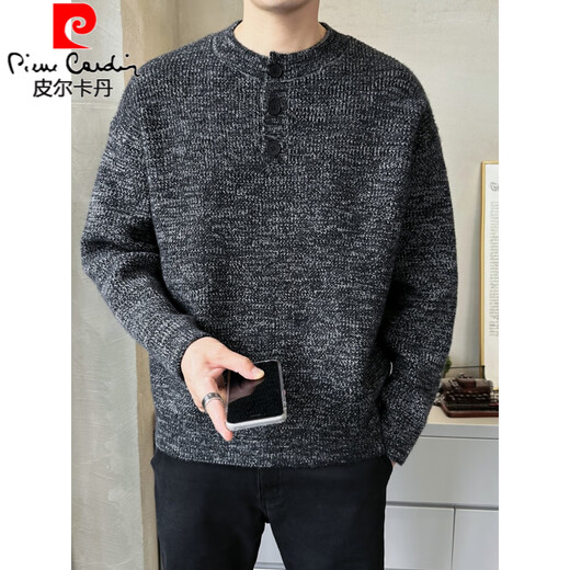Pierre Cardin 2025 autumn and winter new high-end loose pullover sweater men's Henry collar sweater gray sweater base layer black M
