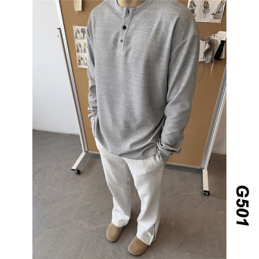 Yaochao spring and autumn Henry collar long-sleeved T-shirt men's versatile loose retro T-shirt casual sports top tee black fabric M 90-110Jin Jin equals 0.5 kg