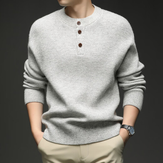 AX Armani broken code 2026 spring and autumn men's thick knitted sweater thick round neck sweater Henry collar three-button set pink M recommended 95-120Jin Jin equals 0.5 kg