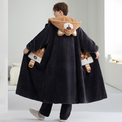 Fanshengyu Coral Velvet Pajamas Men's Autumn and Winter 2025 New Loose Pajamas Men's Velvet Thickened Bathrobe Home Clothes Set Bear Two-piece Set Clothes + Pants One Size Recommended 100-150 Jin Jin equals 0.5 kg