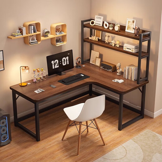 Corner gaming table computer table desktop home double desk bookshelf integrated table bedroom L-shaped table office desk single table dark walnut color right 120x100x75cm