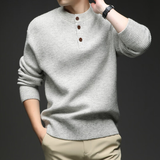 AX Armani broken code 2026 spring and autumn men's thick knitted sweater thick round neck sweater Henry collar three-button set pink M recommended 95-120Jin Jin equals 0.5 kg