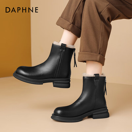 DAPHNE Daphne short boots women's fashion boots warm plus velvet winter fur boots 2025 new versatile ankle boots thin boots thick velvet black 37 standard size