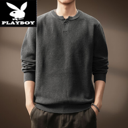 Playboy (PLAYBOY) American Henley Collar Old Money Style Tough Guy Sweater Men's Autumn Long Sleeve Loose Inner Casual Sweater Men's Flower Dark Gray M Suitable for -120Jin Jin is equal to 0.5 kg
