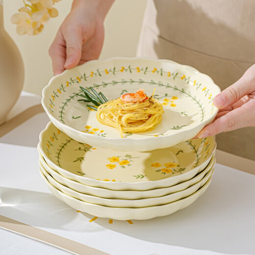 Yellow glaze spring cute pastoral style dish plate household fresh tableware underglaze color dinner plate high-end saucer deep plate yellow glaze spring cute-7-inch round plate