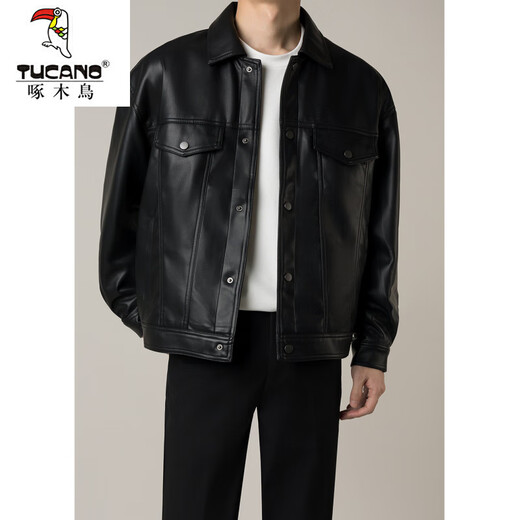 Woodpecker men's handsome men's motorcycle short leather jacket men's autumn and winter new trendy loose pu leather jacket black 2XL