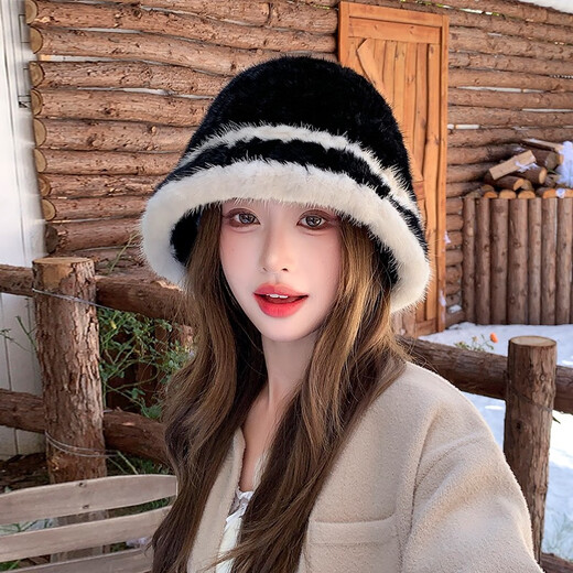 Princess Mink Korean Mink Fur Braided Fur Hat Women's Colorblock Fisherman Hat Mink Fur Top Hat Women's Winter Warm Black Gami One Size, Elastic