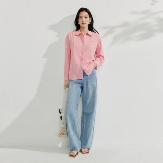 INMAN pure cotton commuting simple European style blue shirt for women 2025 summer versatile and comfortable embroidered back slit shirt lotus root pink L