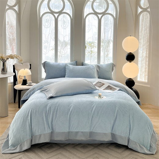 Mercury series home textile high-end carved milk velvet four-piece set 2025 winter new thickened warm coral velvet plus baby blue + star gray bed sheet style 1.8m four-piece set