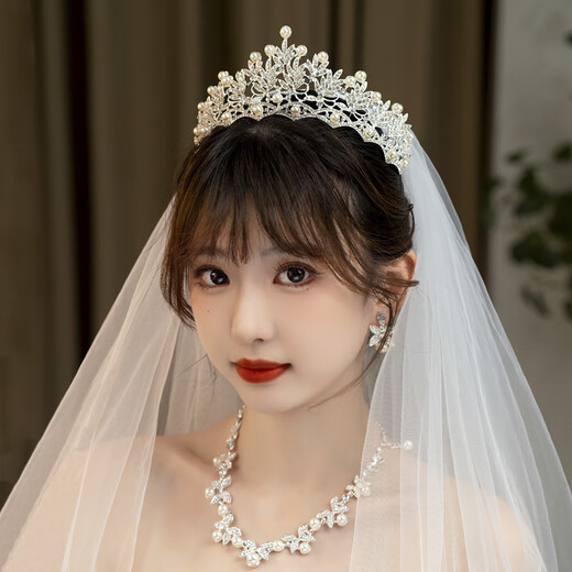 Crown Veil Bride's Hauptzeit für Hochzeitskleid Kopfschmuck Hochzeit Hair Accessoires Vorschlag Registrierung Perle Puffy Blick 00118 [Krone + Vier-Blattklee Halskette Ohrclip] _3