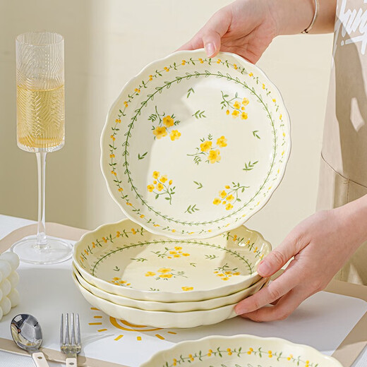Yellow glaze spring cute pastoral style dish plate household fresh tableware underglaze color dinner plate high-end saucer deep plate yellow glaze spring cute-7-inch round plate