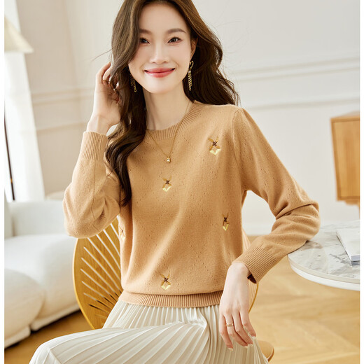 Shexi (Srcr) short pure wool sweater for women 100% wool sweater with autumn and winter rhombus embroidered knitted bottoming shirt