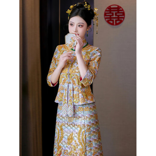 ROAR UTHAUG heavy industry dragon and phoenix dress repair and dress bride 2025 new Chinese style wedding dress toast dress Xiao Wufu wedding dress XH1752 gold thread dragon and phoenix gown without headdress S