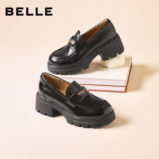 Belle Women's Shoes Loafers Women's British Small Leather Shoes 25 Autumn New Commuting Shoes JD007CM5 Black-Glossy 38