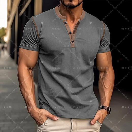 Tough guy style t-shirt for men 2025 summer new American style European and American men's fitted short-sleeved henley shirt large size burgundy burgundy S recommendation (120Jin Jin is equal to 0.5kg -135Jin Jin is equal to 0.5kg)