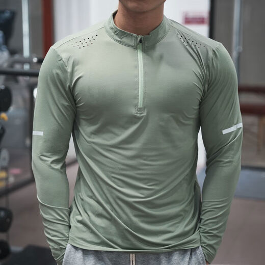 Summer fitness clothing for men, quick-drying, long-sleeved, thin, elastic and slim-fitting, outdoor running training, sports cycling clothing, sun protection, light gray M M