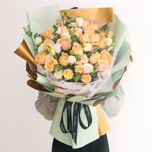 Lingxiang Flower Express Champagne Rose Bouquet Confessing Love to Girlfriend and Wife Birthday Gift Nationwide Delivery 33 Champagne Rose Bouquet Goddess Style