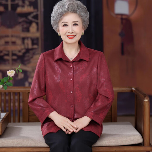AX Light Luxury 2026 Middle-aged and Elderly Grandma Spring and Autumn Shirt New Style Festive Mother Long Sleeve Wife Jacket Xipo Red + Pants L Recommended 100Jin Jin is equal to within 0.5kg
