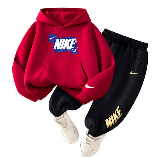 NIKE Nike Girls Sports Suit Plus Velvet Hooded 2025 New Autumn and Winter Boys Cotton Two-Piece Suit Children's Thickened College Red 2236 Autumn and Winter Velvet Style High Weight 160/L Recommended Height 152-158cm
