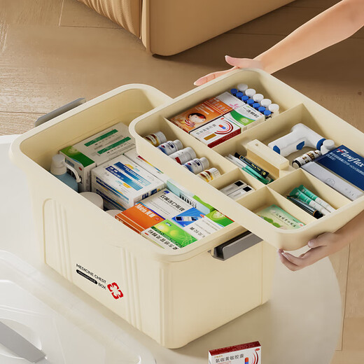 Large medicine box with lid for household clothes, toys, snacks, books, portable storage box, large capacity plastic organizing box 33*23.5*18.5cm medium layered medicine box