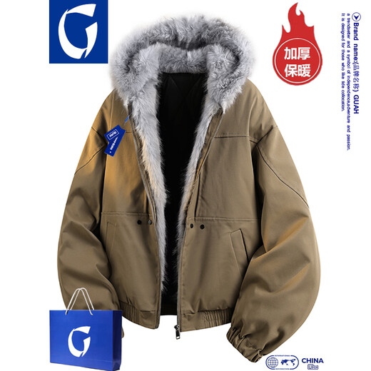 Guah mountain carving cotton coat men's winter velvet thickened men's coat American feather puffer coat warm loose trendy cotton coat black XL