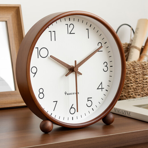 MJK mid-century style solid wood clock for home living room 2025 new tabletop silent clock display desktop clock ornaments walnut color 8 inches diameter 22cm