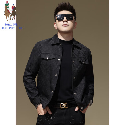 ROYAL PALM POLO SPORTS CLUB European fashion brand plaid jacquard work jacket men's spring and autumn new casual top lapel jacket men's black 4XL recommended weight 165-180Jin Jin equals 0.5 kg