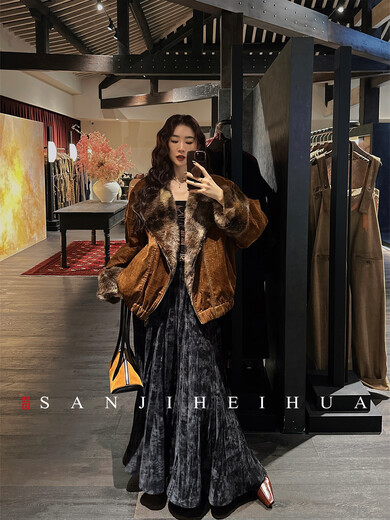 Sanji Black Flower Twilight dye Chinese style chenille pleated skirt women's A-line skirt winter long 2025 new style gray black M