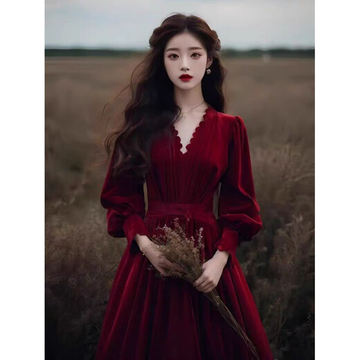 Xinyoujie 2025 velvet long-sleeved French high-end dress female bride wedding toast dress 2026 burgundy S