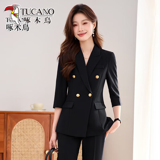 Woodpecker Summer Business Suit Suit Women's Thin Interview Formal High-end Mid-Sleeve Suit Jacket Temperament Work Wear Black Suit + Black Formal Pants L