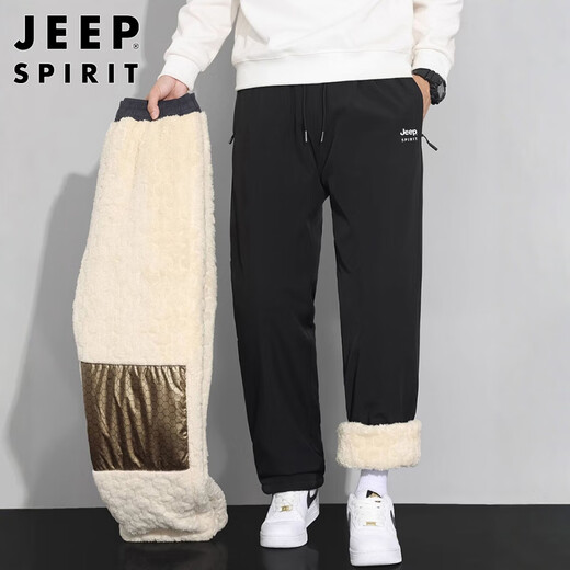 JEEP SPIRIT Jeep pants men's sherpa casual pants men's autumn and winter straight plus velvet thickened warm cotton pants