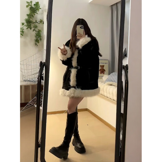 Apocalypse Century Design Retro Furry Stitching Lamb Wool Stand Collar Cotton Clothes Women's Winter Thickened Motorcycle Jacket Black S